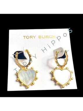 Beautiful Tory Burch Mother Of Pearl & Gold Heart  Earrings